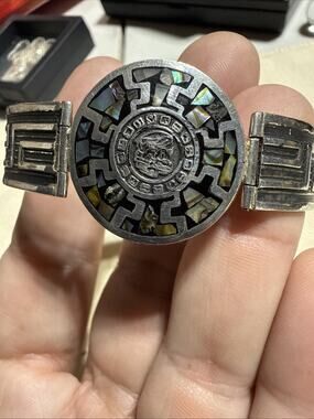 Vintage Mid Century Mexican 925 Sterling Silver Abalone Aztec Calendar Bracelet
